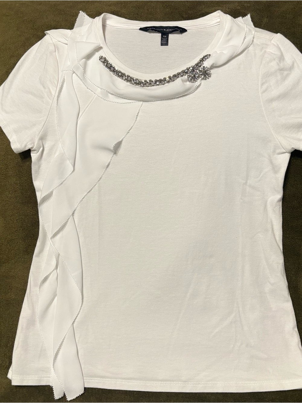 White House Black Market White Short-Sleeve Ruffle Tee with Jewel Neckline